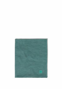 Teal multifunctional neck gaiter made from soft, stretchy material with a smooth texture and a small logo tag in the lower corner.