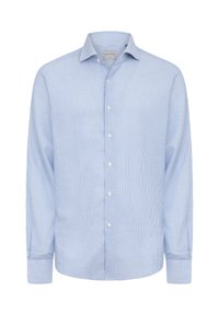 Blå og hvid ternet skjorte med lange ærmer, klassisk krave og blødt bomuldsstof. Har en frontplade med knapper.