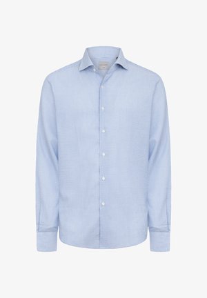 Camicia a quadri blu e bianchi con maniche lunghe, colletto classico ed in morbido cotone. Presenta una patta frontale con bottoni.