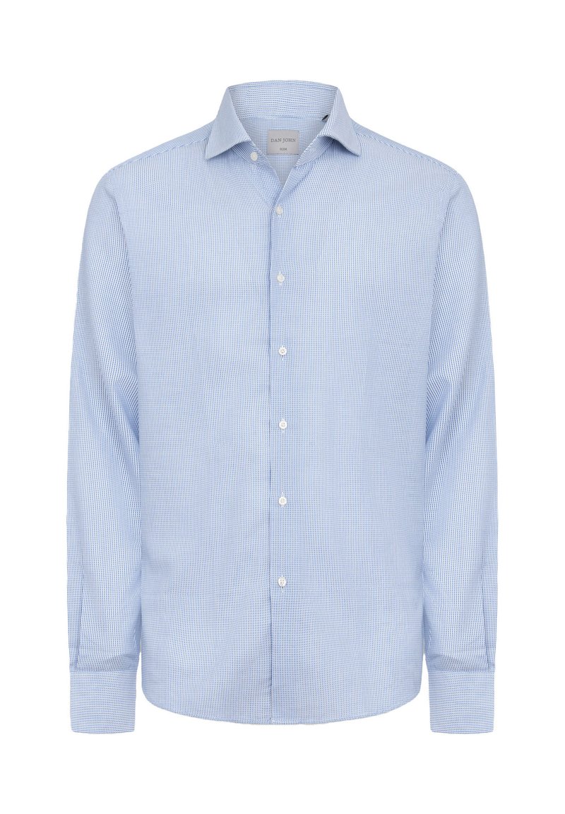 Blå og hvid ternet skjorte med lange ærmer, klassisk krave og blødt bomuldsstof. Har en frontplade med knapper.