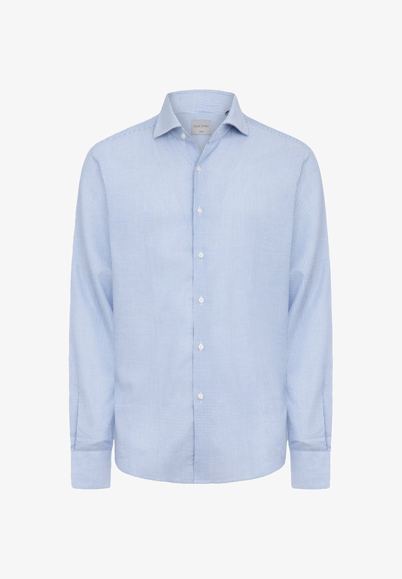 Blå og hvid ternet skjorte med lange ærmer, klassisk krave og blødt bomuldsstof. Har en frontplade med knapper.