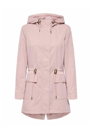 Veste de pluie rose clair avec capuche, taille à cordon, deux poches frontales et dos plus long. Fabriquée en matériau lisse et résistant à l'eau.
