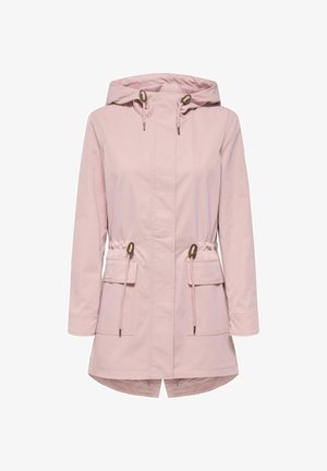 Lys rosa regnjakke med hette, snøring i midjen, to framlommer og lengre rygg. Laget av glatt, vannavstøtende materiale.