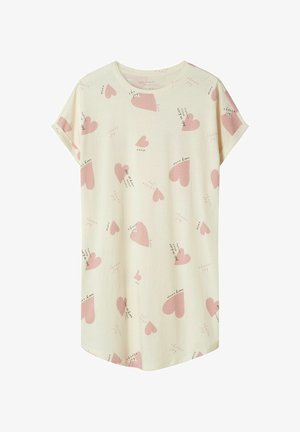 Kremowa sukienka z krótkim rękawem z różowymi sercami i rozrzuconymi motywacyjnymi napisami, takimi jak "wybierz radość" i "więcej miłości", drukowanymi na całej powierzchni.