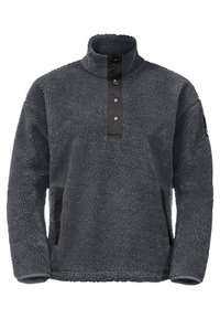 Pullover in pile grigio scuro con colletto alto, patta con tre bottoni e tasche laterali nere. Superficie morbida e testurizzata, design casual.