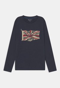 Long-sleeve navy T-shirt made from cotton, featuring a distressed Union Jack graphic and "Pepe Jeans" logo in the center.