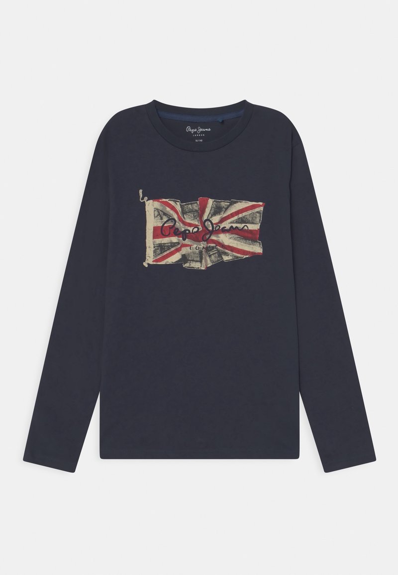 Langärmliges navyfarbiges T-Shirt aus Baumwolle, mit einem abgenutzten Union Jack-Graphic und dem "Pepe Jeans"-Logo in der Mitte.
