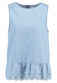 Top sans manches bleu clair en denim, avec un ourlet volanté orné de broderies florales. Bordure festonnée et décolleté rond.