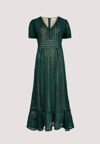 Grünes Spitzenkleid in mittellänger Form mit kurzen Ärmeln, V-Ausschnitt, kompliziertem geometrischem Muster und gerafftem Saum. Sichtbarer Reißverschlussverschluss hinten.