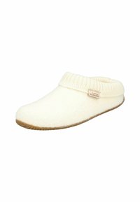 Pantofole bianche in lana con risvolto a coste, punta rotonda e suola testurizzata. Etichetta di marca ben visibile di lato. Materiale morbido e accogliente in tutto.