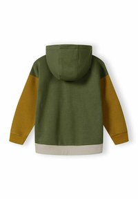 Sweat à capuche avec un corps vert, des manches moutarde et un ourlet en côtes blanches. Matériau en coton avec une texture lisse et un design simple.
