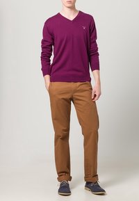 V-Ausschnitt lila Pullover, braune Chinos und dunkelblaue Schuhe. Der Pullover hat lange Ärmel; die Hose ist im geraden Schnitt mit hochgekrempelten Säumen.