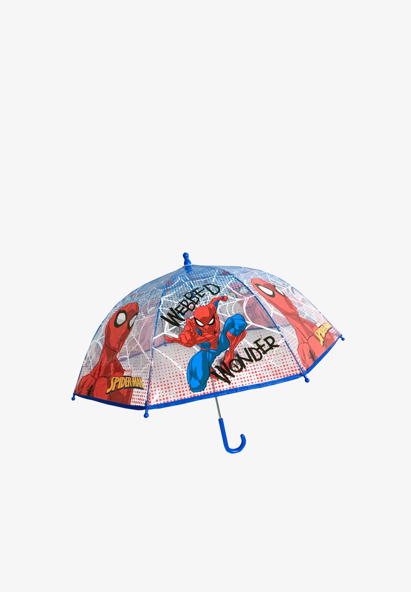 Spiderman-themed umbrella featuring a transparent canopy with red and blue accents, a spider web design, and the text "Webbed Wonder."