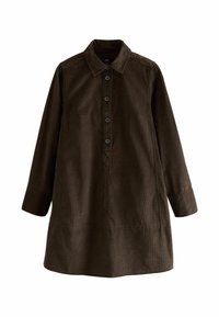 Pruun nöörjakardiganike kleit nupu ees, krae, pikad varrukad ja vaba lõige. Omab vertikaalset soonte tekstuuri ja külgsemeid.