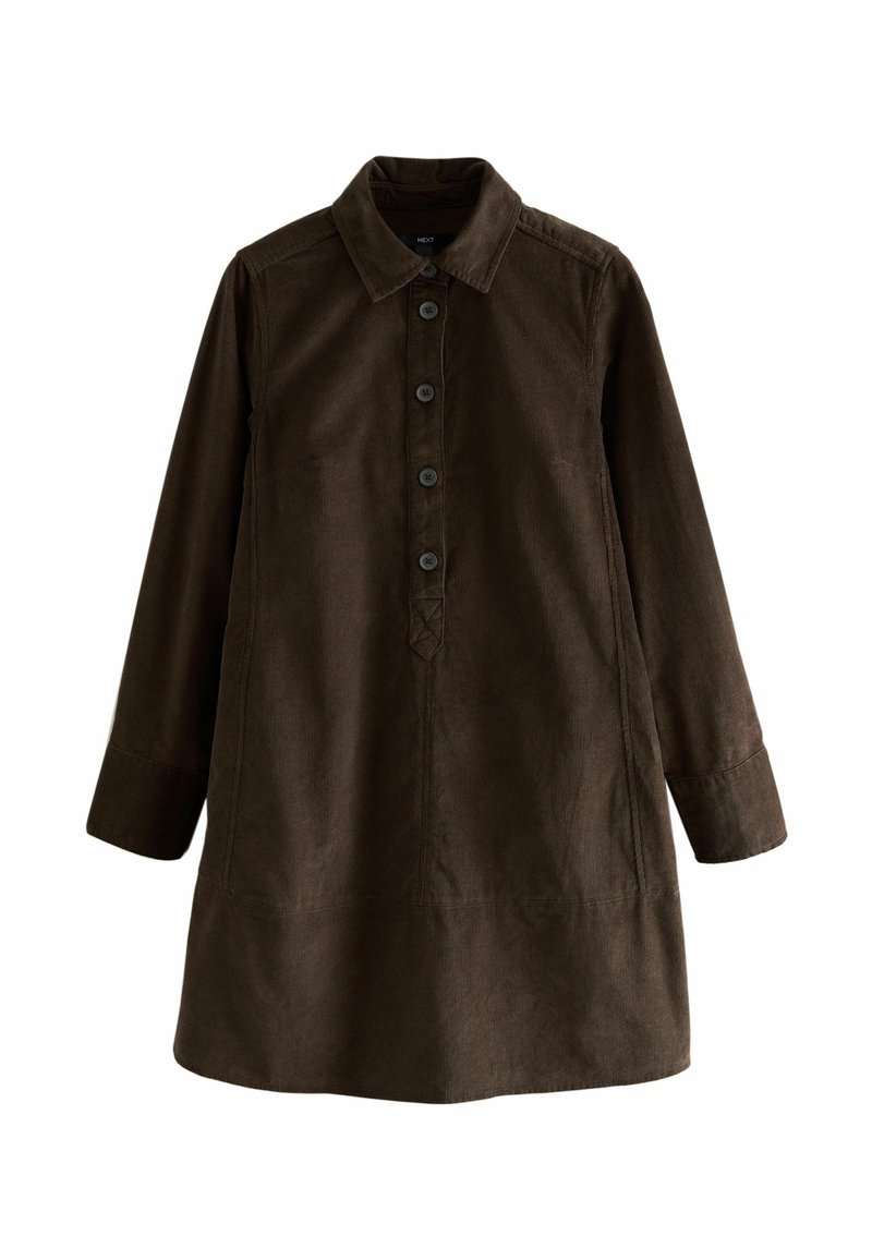 Pruun nöörjakardiganike kleit nupu ees, krae, pikad varrukad ja vaba lõige. Omab vertikaalset soonte tekstuuri ja külgsemeid.