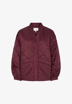 Giacca trapuntata bordeaux con scollatura a V, maniche lunghe e finitura testurizzata. Presenta una combinazione di motivi a onda e a diamante.