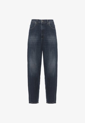 Jeans di denim blu scuro a vita alta con chiusura a bottone e cerniera, tasche frontali e leggero scolorimento sulle cosce.