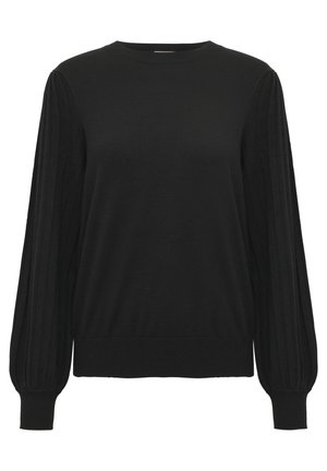 Czarny sweter z długimi, prążkowanymi balonowymi rękawami, okrągłym dekoltem i miękką teksturą. Koronkowe wykończenie ciała stanowi kontrast.