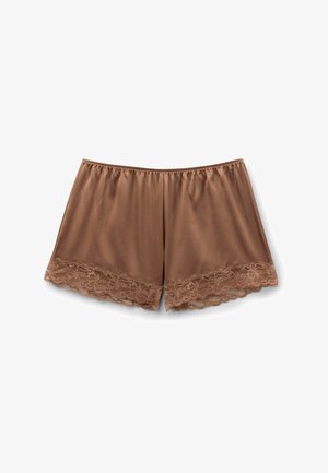 Hnědé saténové šortky s krajkovým lemem na spodním okraji, elastickým pasem a hladkým povrchem. Délka je po střed stehna.