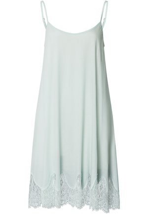 Lichtgroene camisole jurk met dunne bandjes, voorzien van een geschulpte zoom die is versierd met fijne kantdetails. Zachte stoftextuur.