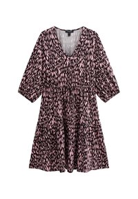 Schwarzes und pinkfarbenes gemustertes Kleid mit V-Ausschnitt, Puffärmeln, elastischem Bund und ausgestelltem Rock. Verfügt über ein Bindedetail in der Taille.
