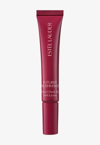 Estee Lauder Futurist Blushmaker in een diepe bordeauxrode tube met een matte afwerking en een draaiende dop; gelabeld "Dewy Cheek Tint" in witte tekst.