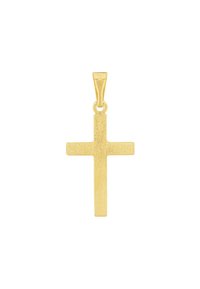 Ciondolo a croce in tono oro con superficie texturizzata e bordi lisci, dotato di un anello per il fissaggio. Design geometrico semplice.