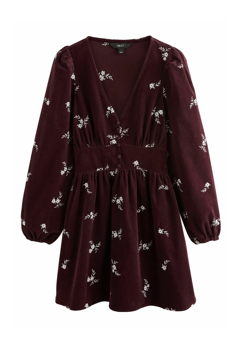 Burgunderfarbener Corduroykleid mit tiefem V-Ausschnitt, puffärmeligen langen Ärmeln, floralem Stickmuster und Knopfdetails vorne, geraffte Taille.