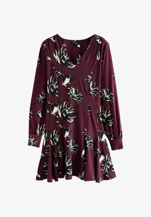 Rochie cu decolteu în V, cu mâneci lungi, de culoare burgundă, cu un model floral. Confecționată dintr-un material moale, are tiv evazat și mansete adunate la mâneci.