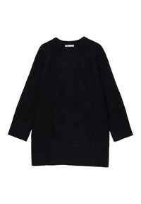 Pull en tricot noir avec un col rond, des manches longues et une coupe décontractée. Texture douce avec des poignets et un ourlet côtelés.