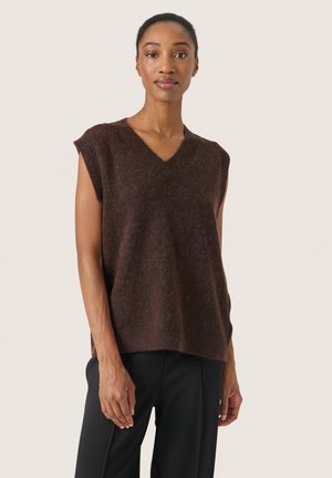 Top fără mâneci din lână brună, cu decolteu în V, având o croială lejeră și tiv cu nervuri. Textură netedă, aspect moale și design ușor.
