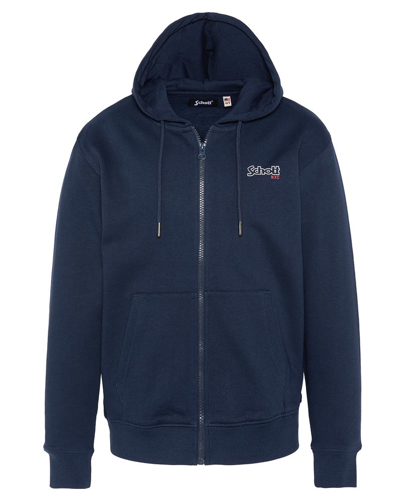 Felpa con zip blu navy in misto cotone, con cappuccio regolabile, tasca a marsupio, polsini a costine e dettaglio logo sul petto.
