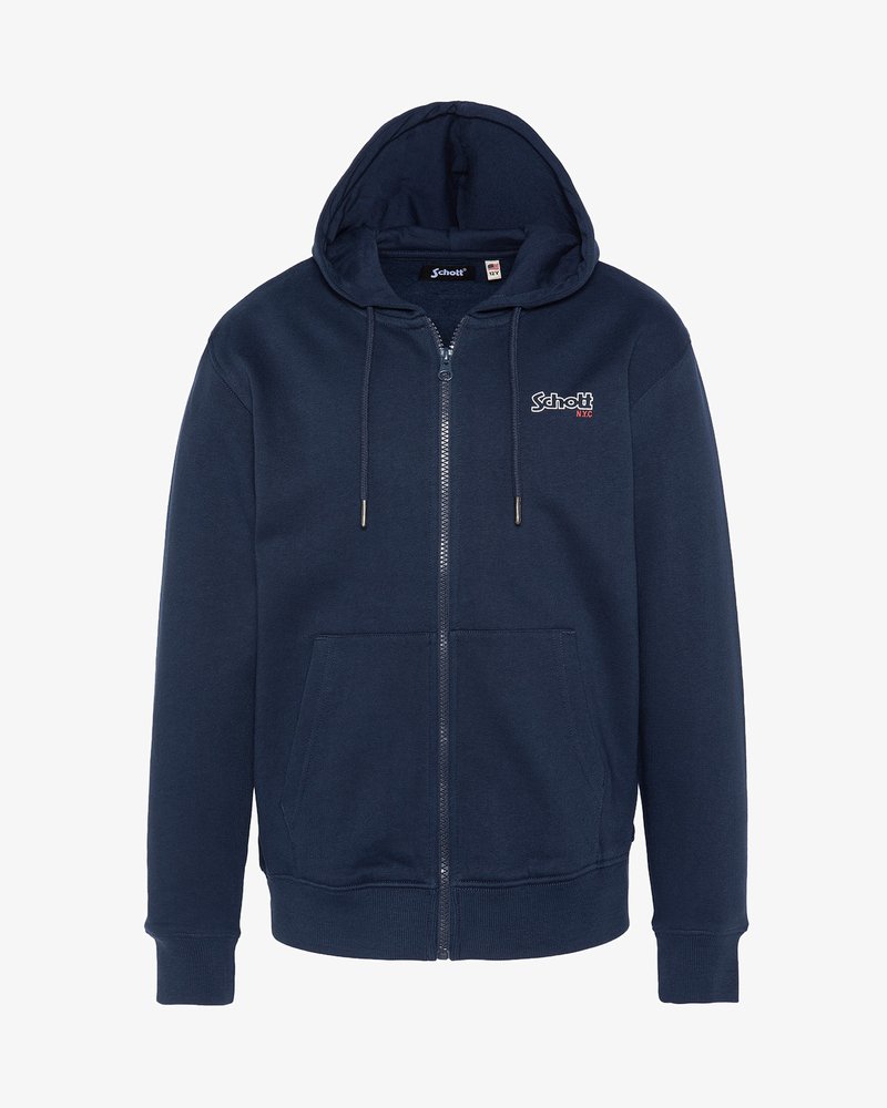 Felpa con zip blu navy in misto cotone, con cappuccio regolabile, tasca a marsupio, polsini a costine e dettaglio logo sul petto.