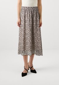 Midi-skjørt med et slangemønster i beige og grå toner, laget av lett stoff med elastisk liv for enkel bruk.