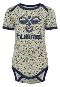 Kurzärmliger Bodysuit in Mintgrün mit einem verstreuten Punktmuster in Orange, Marineblau und Grau. Mit einem marineblauen Saum und Druckknopfverschluss am unteren Ende.