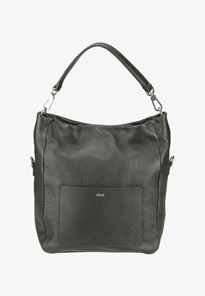 Black textured leather handbag with detachable strap, front pocket, and silver clasps, shown on white background.