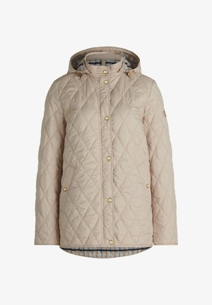 Beige gesteppte Jacke mit Kapuze, goldfarbenen Druckknöpfen, zwei Vordertaschen und kariertem Innenfutter, entworfen für Wärme und legere Trageweise.