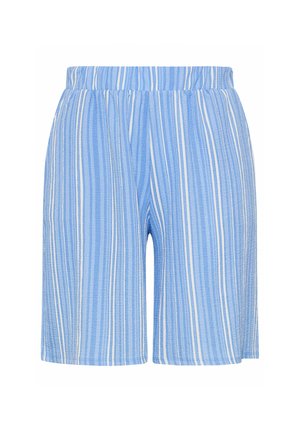 Short bleu clair avec des rayures blanches verticales et bleu plus foncé, taille élastique, longueur genou, tissu texturé.