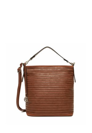 Brown leather handbag with horizontal stitched stripes, top handle, adjustable shoulder strap, and round metallic charm on side.