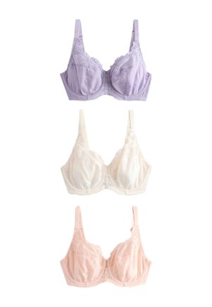 Tri podprsenky ozdobené čipkou v levanduľovej, krémovej a broskyňovej farbe, usporiadané vertikálne na bielom pozadí.