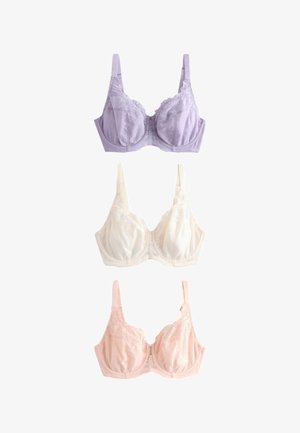 Tres sujetadores con encaje en lavanda, crema y melocotón, dispuestos verticalmente sobre un fondo blanco.