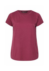 T-shirt med kort ärm och rund hals, i mörk burgundy, tillverkad av mjukt bomullsmaterial med en avslappnad passform och en lätt böjd nederkant.