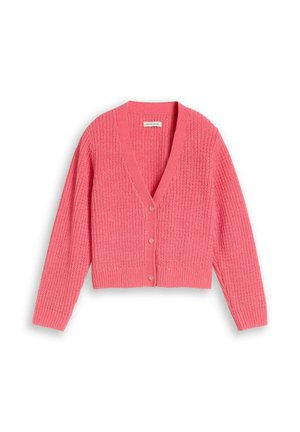 Roze gebreid vest met lange mouwen, drie knopen aan de voorkant en geribbelde boorden en zoom.