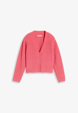 Rosa gestrickte Strickjacke mit langen Ärmeln, drei Knöpfen vorne und gerippten Bündchen und Saum.