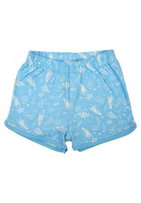 Shorts en coton bleu avec une taille élastique, arborant un motif floral blanc sur toute la surface. Texture lisse et bords ourlés.