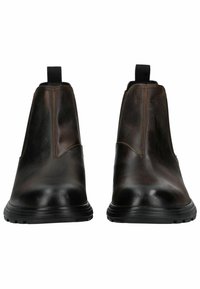 Botas Chelsea de cuero en marrón oscuro con paneles laterales elásticos y tiradores, que presentan una suela de goma texturizada para agarre. Acabado liso con un mínimo de detalles.