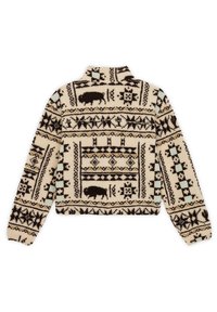 Polarowa bluza z wysokim kołnierzem, z kremową bazą ozdobioną czarnymi wzorami plemiennymi, motywami bizonów oraz akcentami w kolorach turkusowym i złotym.