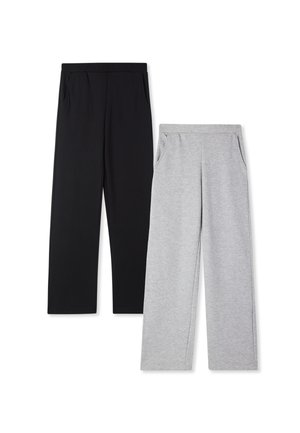 Pantaloni sportivi neri e grigi, con vita elastica e tasche laterali. Il paio nero è uniforme, mentre il paio grigio presenta una texture melange.