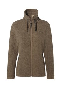 Giacca in pile marrone con colletto alto, zip frontale e cordoncino. Presenta due tasche laterali e una sottile trama testurizzata.