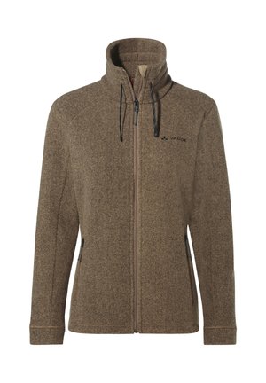 Braune Fleecejacke mit hohem Kragen, Frontreißverschluss und Kordelzug. Verfügt über zwei Seitentaschen und ein dezentes Texturmuster.